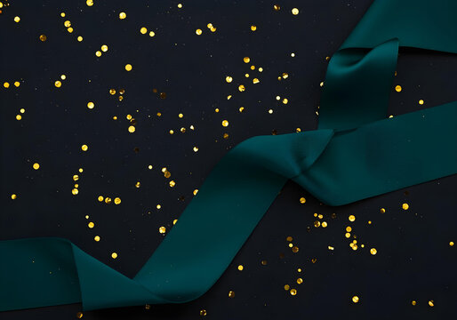 Teal ribbon and gold confetti on dark background image - Powered by Adobe