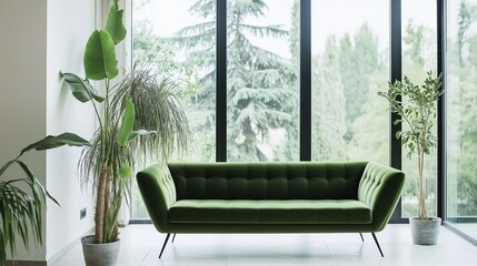 sofa. Elegant green sofa in a minimalist living space, blending natural light and simple decor for modern comfort. real-estate listings.