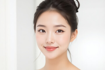Female Asian Model with Short Hair - Young Beautiful Woman with Hair Bun - Studio Portrait of Asian Beauty for Fashion, Cosmetic, Skincare - Posing on White Background - Smooth Tied Hair