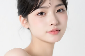 Obraz premium Female Asian Model with Short Hair - Young Beautiful Woman with Hair Bun - Studio Portrait of Asian Beauty for Fashion, Cosmetic, Skincare - Posing on White Background - Smooth Tied Hair