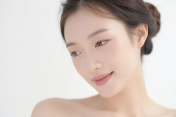 Female Asian Model with Short Hair - Young Beautiful Woman with Hair Bun - Studio Portrait of Asian Beauty for Fashion, Cosmetic, Skincare - Posing on White Background - Smooth Tied Hair