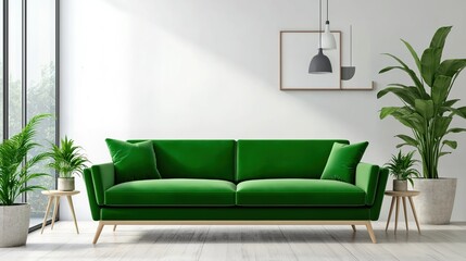 sofa. Elegant green sofa in a minimalist living space, blending natural light and simple decor for modern comfort. real-estate listings.