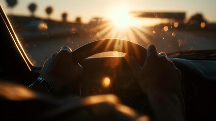 Fototapeta na wymiar Hands on a car steering wheel at sunset, sunburst through the windshield with bokeh lights in the distance. Concept Car interior photography, Sunset, Hands on wheel, Bokeh lights