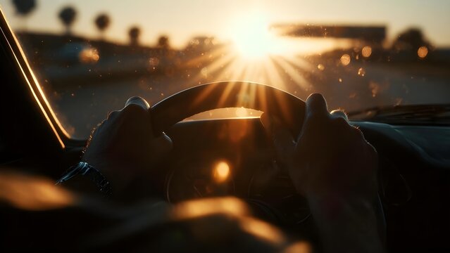 Hands on a car steering wheel at sunset, sunburst through the windshield with bokeh lights in the distance. Concept Car interior photography, Sunset, Hands on wheel, Bokeh lights