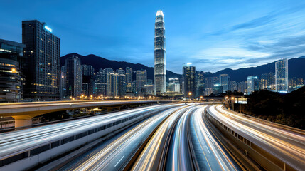 Fototapeta premium City skyline at dusk with illuminated buildings and light trails from vehicles