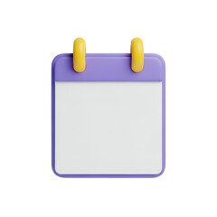 Blank purple calendar icon with yellow rings, isolated on transparent background
