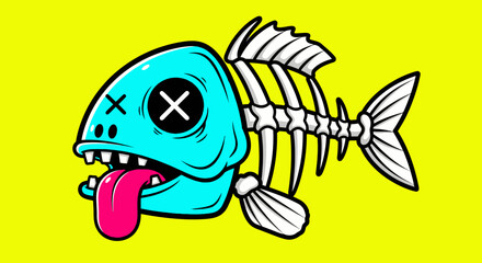 Cartoon fish skeleton with cross eyes on vibrant yellow background, a playful yet morbid
