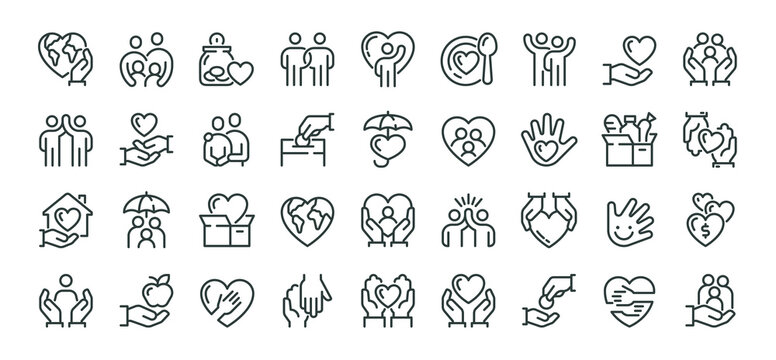 Charity human care outline icons pack. Line signs volunteering and social help, support kindness or friendly relations. Thin vector icons set perfect for web app infographic business social projects. - Powered by Adobe