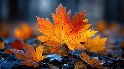 Fallen Maple Leaves Illuminate Autumn Ground in Soft Evening Light