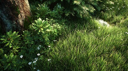 Close-up of lush green forest floor with mossy tree trunk and wildflowers