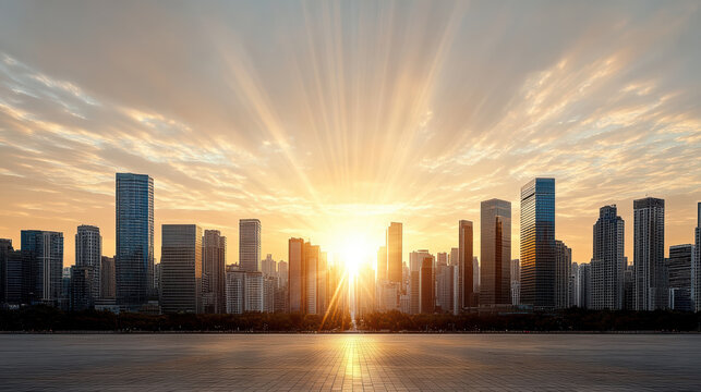 Golden sunrise over city skyline creates emotional warmth and beauty