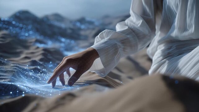Scientists analyzing 3D holographic maps of atmospheric changes caused by snowstorms, symbolizing innovation in climate technology, data visualization, and environmental research. cinematic color