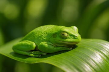 Fototapeta premium Green Frog Relaxing on Leaf: Close-Up of Sleeping Amphibian in Tropical Rainforest Habitat