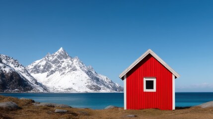 A vibrant red cabin stands against a stunning backdrop of snowy mountains and a clear blue sea, embodying tranquility and natural beauty.