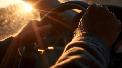 Hand on a car steering wheel during golden-hour sunset with bright sun flare filling the view. Concept Golden hour sunset, Hand on steering wheel, Car interior portrait, Sun flare filling frame