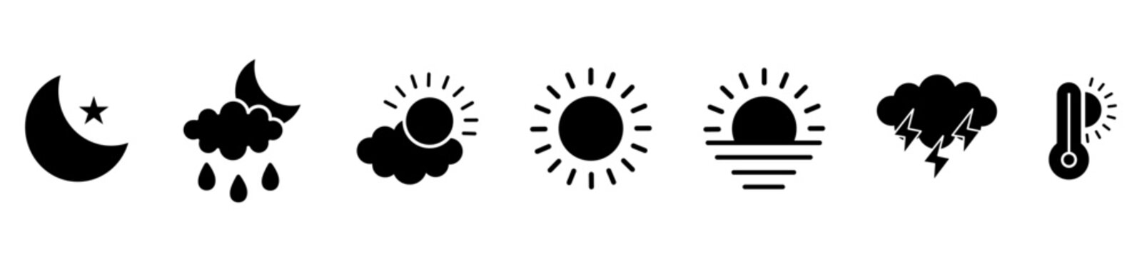 Minimalist Weather line icon set with editable stroke, featuring hail, snow, ranbow, seasons, heat wave, humadity, storm, cloudy, climate, rainy, night, fog, sunset, tornado, moon, wind. illustration