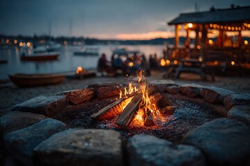 Cozy Campfire Burning by a Lakeside Cabin at Dusk fire pit