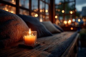 Cozy Candlelit Bench with Bokeh Lights flame glowing