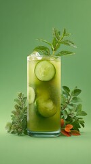 Fresh Cucumber Mint Cocktail: A refreshing cocktail of cucumber and mint with sprigs of fresh mint and cucumber, set against a vibrant green backdrop.