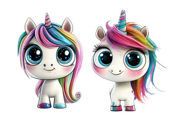 cute cartoon unicorns, isolated on white background.