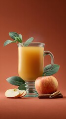 Autumn Elixir: A steaming glass of apple cider, adorned with a fresh apple, a stick of cinnamon, and verdant leaves, offers a sensory experience.