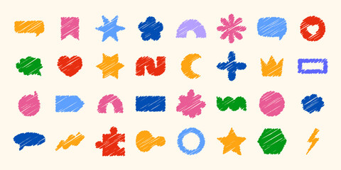 Vector set of colorful crayon doodle shapes: hearts, stars, circles, arrows, and speech bubbles. Hand-drawn textured elements for kids design, posters, stickers, and fun projects