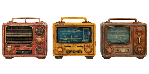 vintage radio set, aged and rusty, isolated on white background