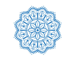 Intricate blue mandala with flowershaped center and swirling patterns evokes spirituality on white background