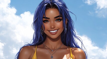 vibrant blue-haired woman smiling outdoors in sunny weather