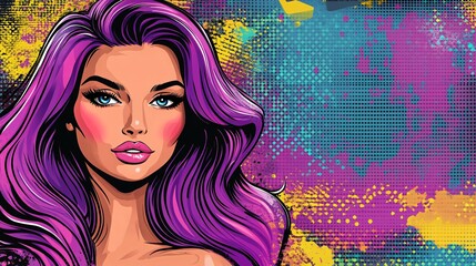 vibrant digital artwork of a fashionable woman with colorful hair and splash background