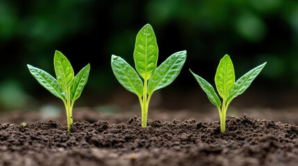 Fototapeta premium Fresh green seedlings growing in rich soil, symbolizing new beginnings and growth