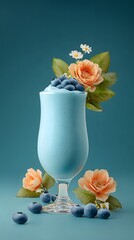 Blue Smoothie Delight: A refreshing smoothie, garnished with blueberries and flowers, sits in a tall glass, inviting with its cool, vibrant hues and natural beauty.