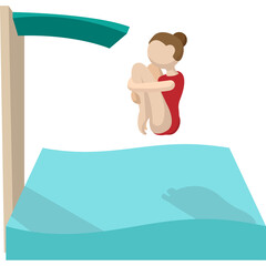 Female Diver In Red Swimsuit Performing A Tuck Jump From A Diving Board Above A Blue Swimming Pool With Clear Water On A Sunny Day Representing Athleticism And Competitive Swimming