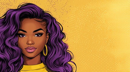 vibrant digital illustration of a woman with purple curly hair and gold accessories on bright yellow background