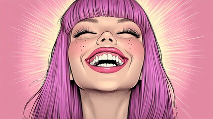 vibrant happy young woman with pink hair laughing joyfully bright smile illustration