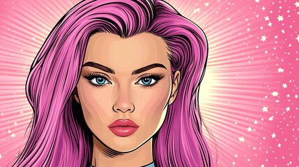 stunning digital illustration of a young woman with vibrant pink hair and bright blue eyes for fashion and beauty themes