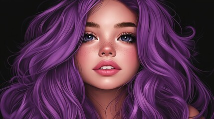 vibrant purple-haired digital portrait of a beautiful young woman with freckles and bright eyes