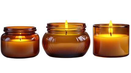 three burning candles in glass jars on white background.
