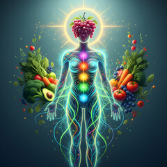 Conceptual image illustrating energy and good health. Features vibrant green light or energy lines connecting healthy foods (e.g., vegetables, fruits) to a person or health icon. Ideal for content on 