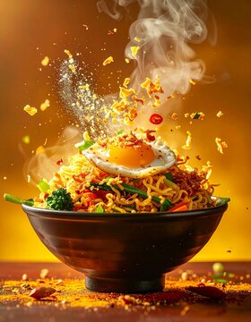 Gourmet Commercial Food Photo of Indonesian Javanese Fried Noodles (Mie Goreng Jawa) with Dynamic Floating Toppings