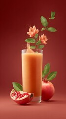 Pomegranate Elixir: A vibrant display of nature's bounty. A refreshing glass of juice is adorned with fresh pomegranate fruit and leaves
