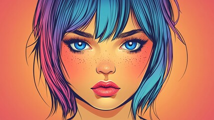 vibrant digital portrait of a young woman with bright blue eyes and colorful hair in modern art style