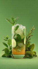 Refreshing Elixir: A vibrant cocktail, garnished with fresh mint, cucumber slices, and sprigs of rosemary, beckons with its cool, enticing allure.