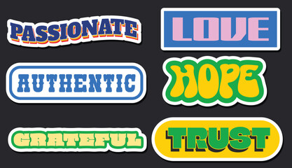 Colorful Motivational Stickers Set with Positive Words and Retro Typography Design