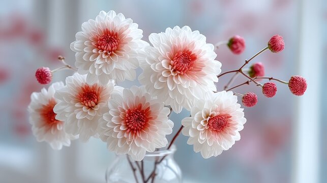 Close Up Photo Of Blooming White Chrysanthemums With Pink Centers In A Glass Vase Soft Natural Light Illuminating Delicate Petals And A Blurred Background With Pink Hues