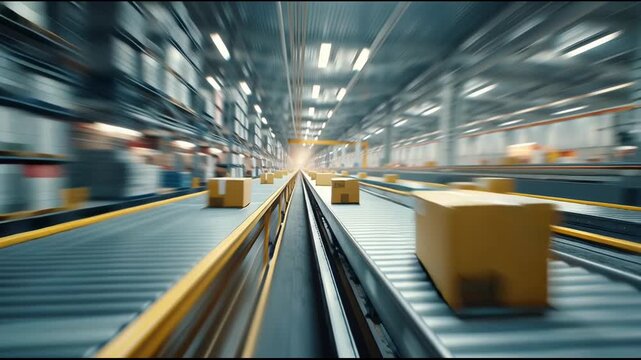 Timelapse of fast conveyor belt moving parcels. Warehouse logistics for automated shipping and dynamic distribution in modern center