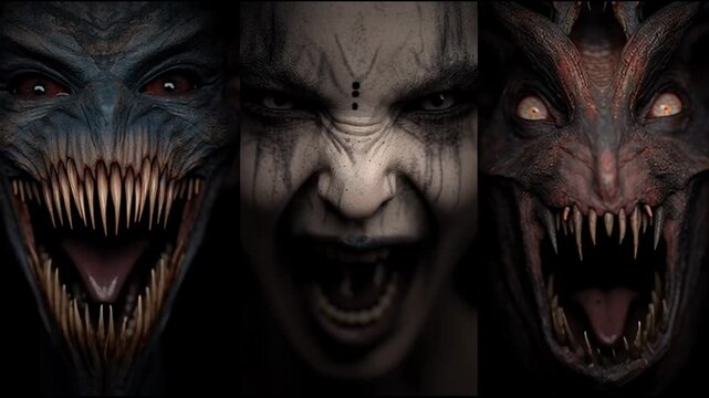 Scary collage of an evil monster and demon face from dark horror nightmare, this terrifying creature emerges with malicious expressions
