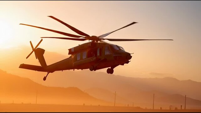 Powerful military helicopter silhouette executing precision tactical flight, dramatic display against fiery sunset and sunrise over desert dust