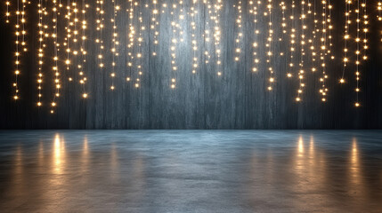 Glowing lights cascade from above, creating magical atmosphere on reflective surface
