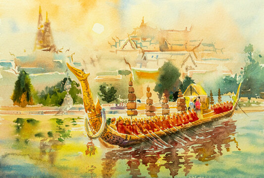 Royal Barge Procession and Grand palace in sun background. Watercolor paintings landscape colorful of architecture and river view.